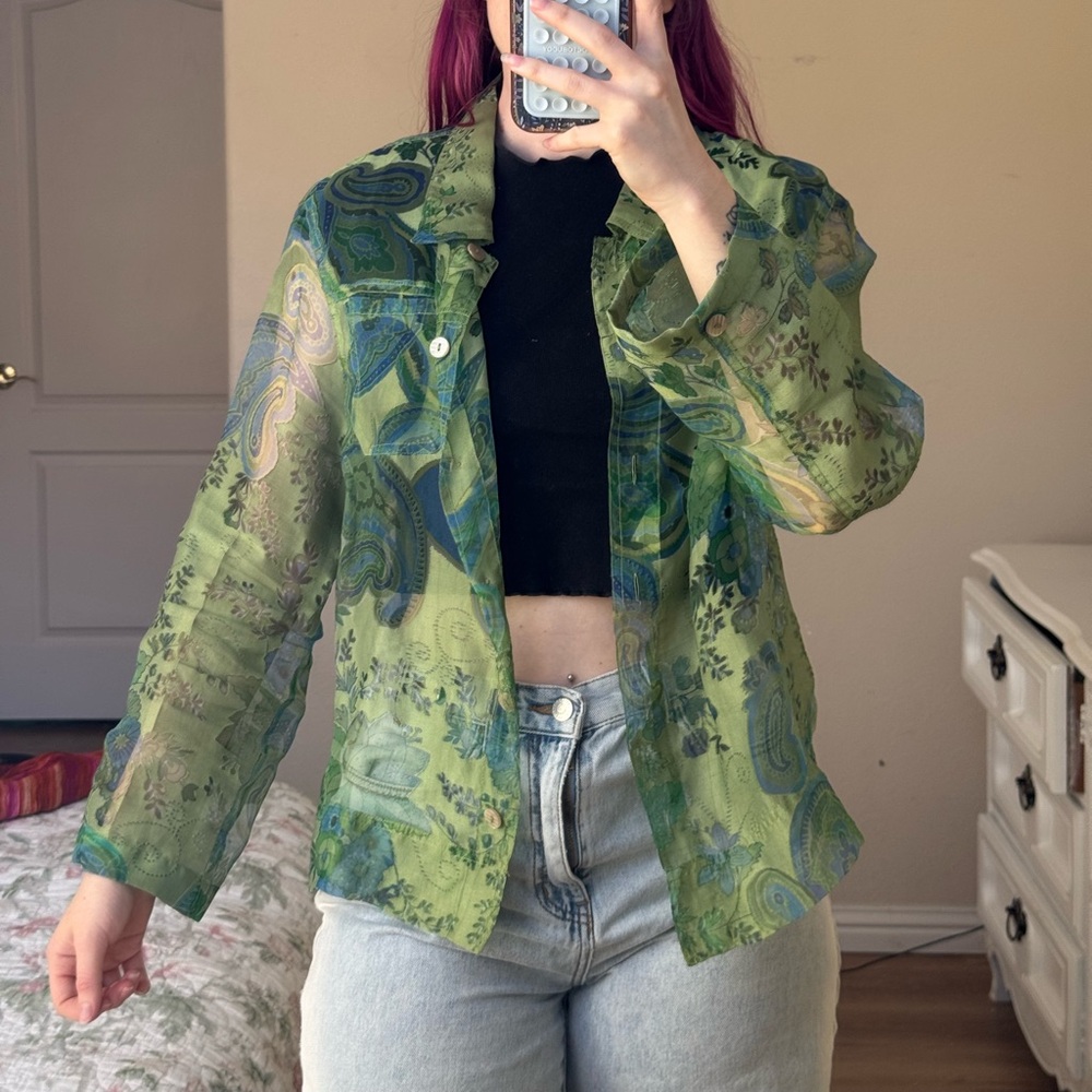 Bamboo Traders Sheer Green Paisley Jean Jacket